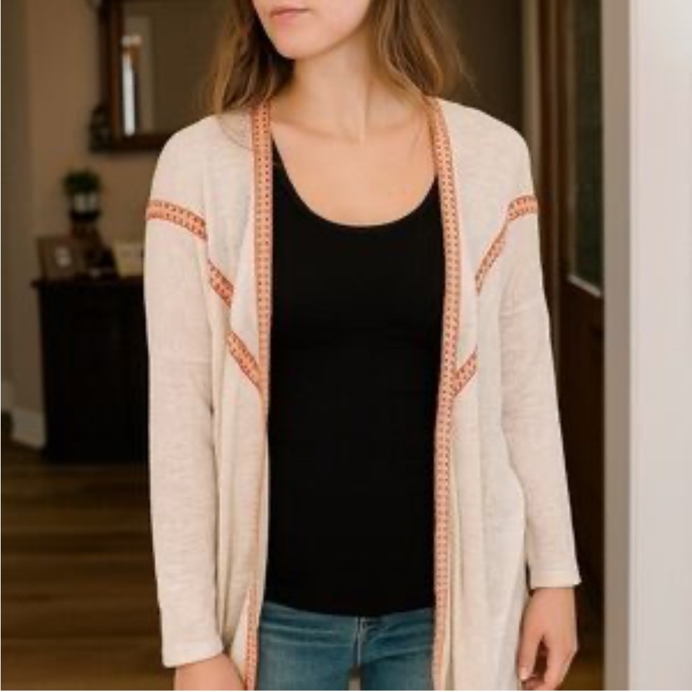 Anthropologie Staring At Stars Cream Draped Embroidered‎ Cardigan Size M